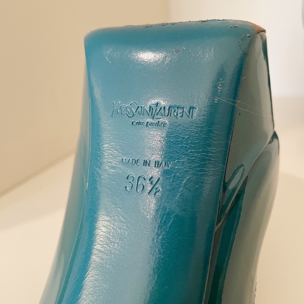 Yves Saint Laurent Palais Patent Leather Peep Toe Heels Teal Blue Size 36.5 - Picture 14 of 15